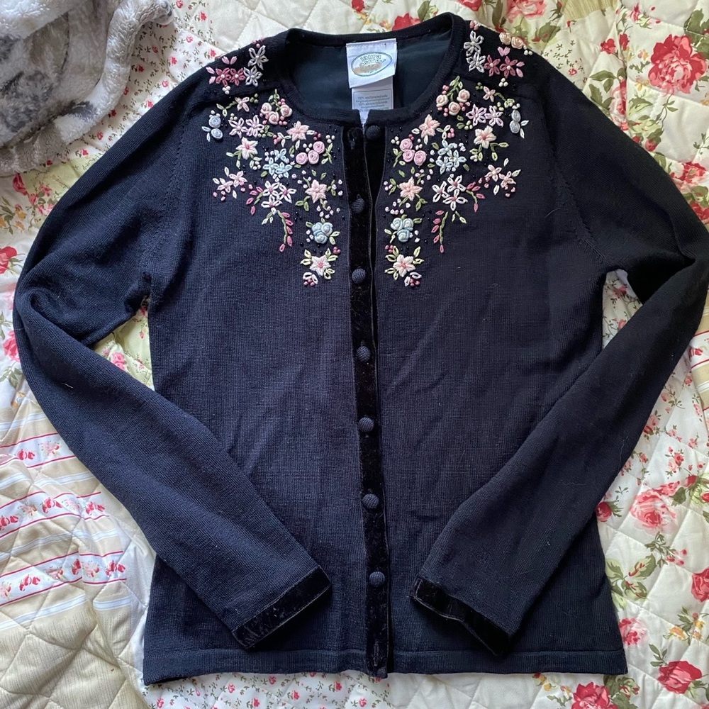 Black embroidered floral wool Laura Ashley cardigan